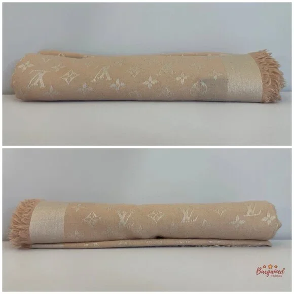 Authentic Louis Vuitton Pink/Beige Silk Wool Monogram Shawl Scarf 55x55 - M72046 - Picture 6 of 8